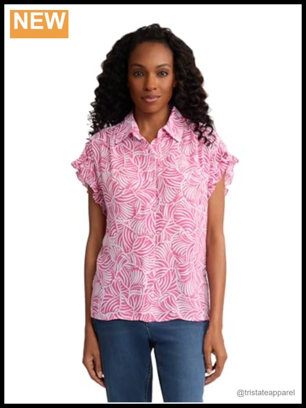 Women's Printed Crepe Y-Neck Button Front Top with Ruffle Sleeve